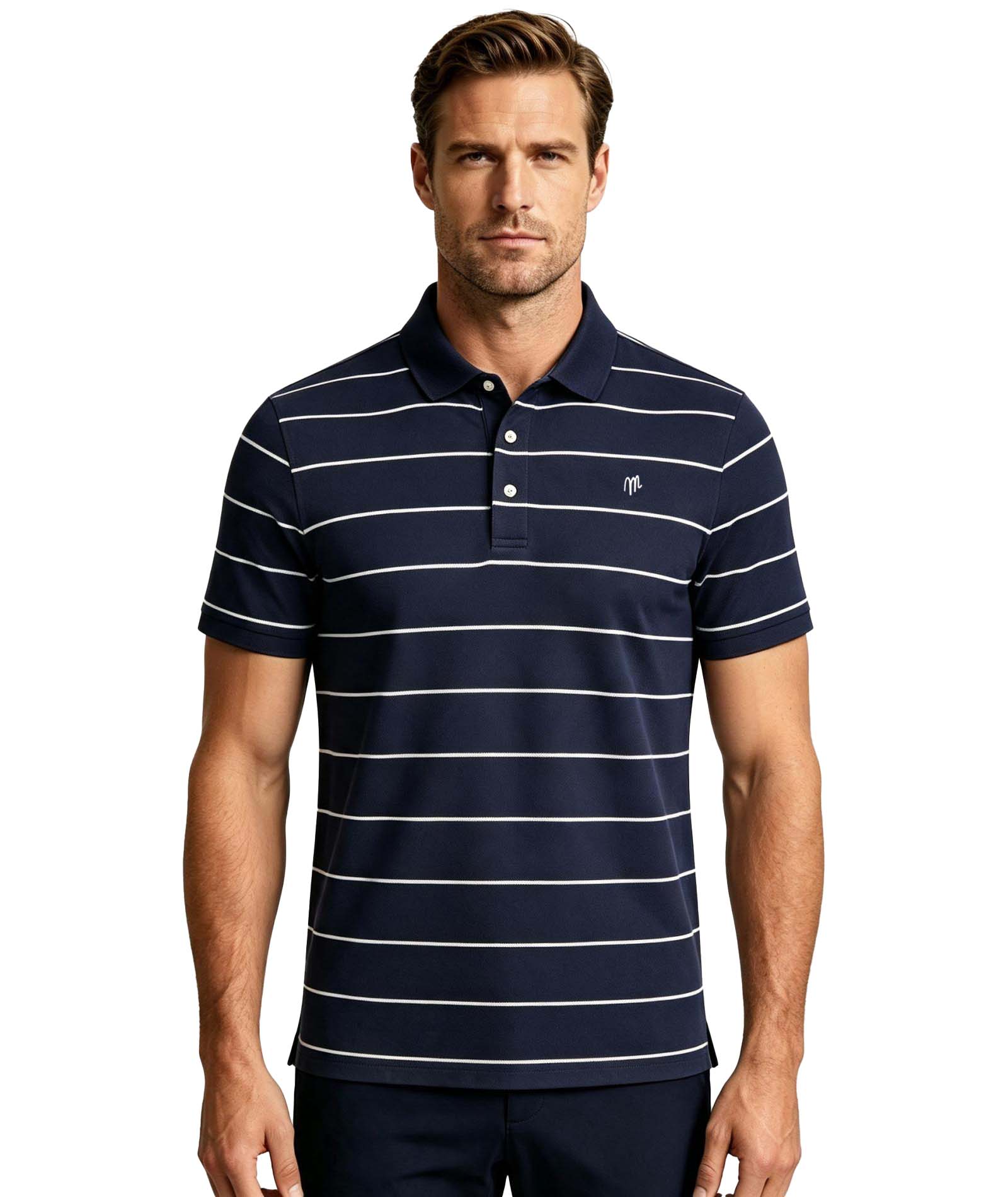 Men's classic stripe golf polo shirt with short sleeves and modern fit