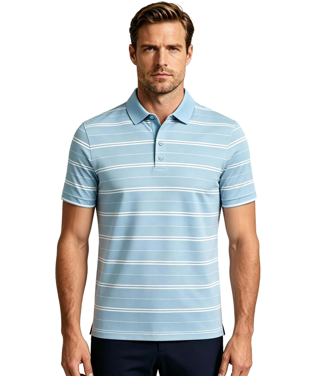 Men's coastal stripe golf polo shirt with modern fit and classic design