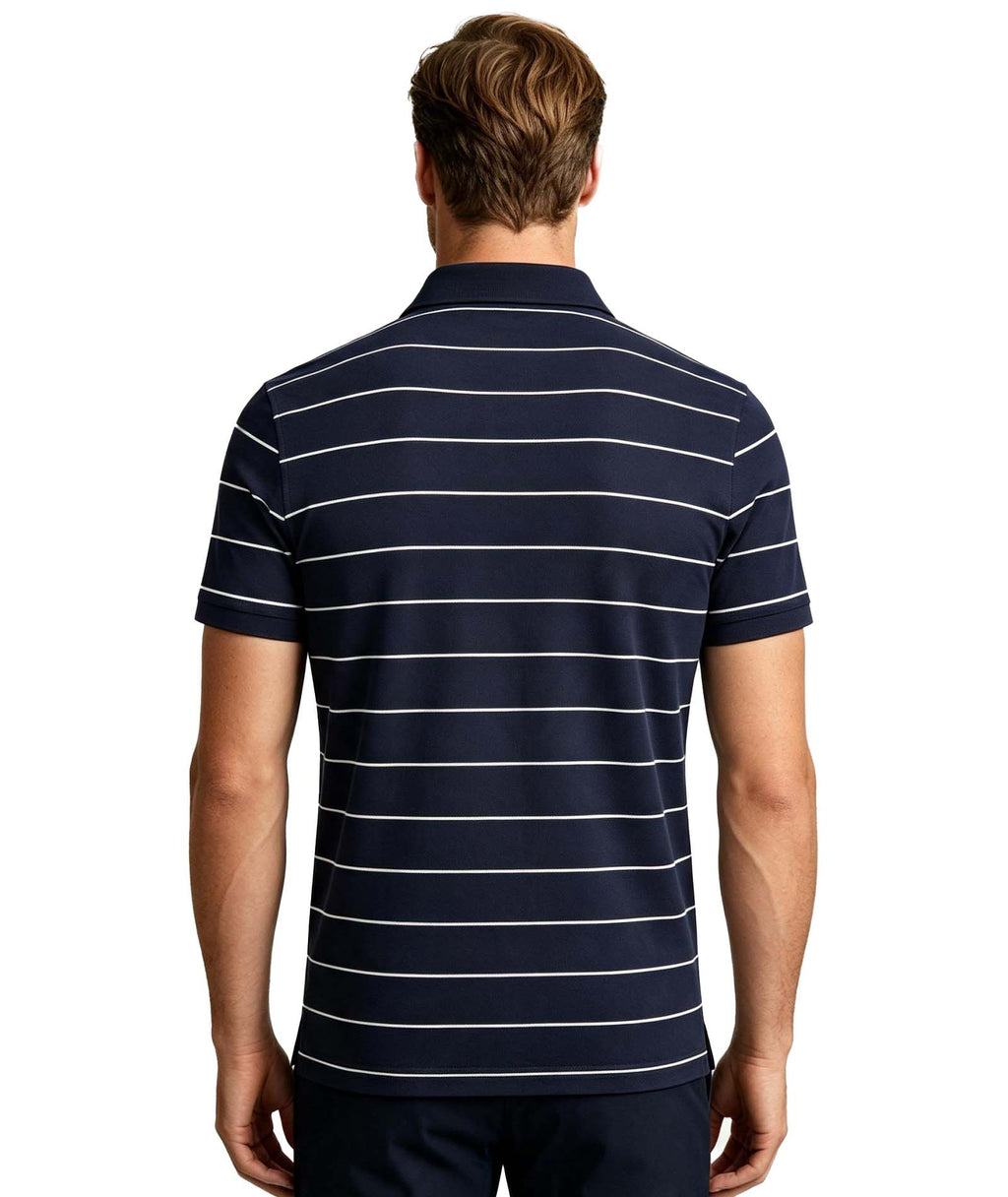 Man wearing a classic stripe golf polo shirt on the golf course