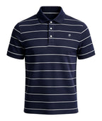 Close up view of striped golf polo collar, buttons and fabric details