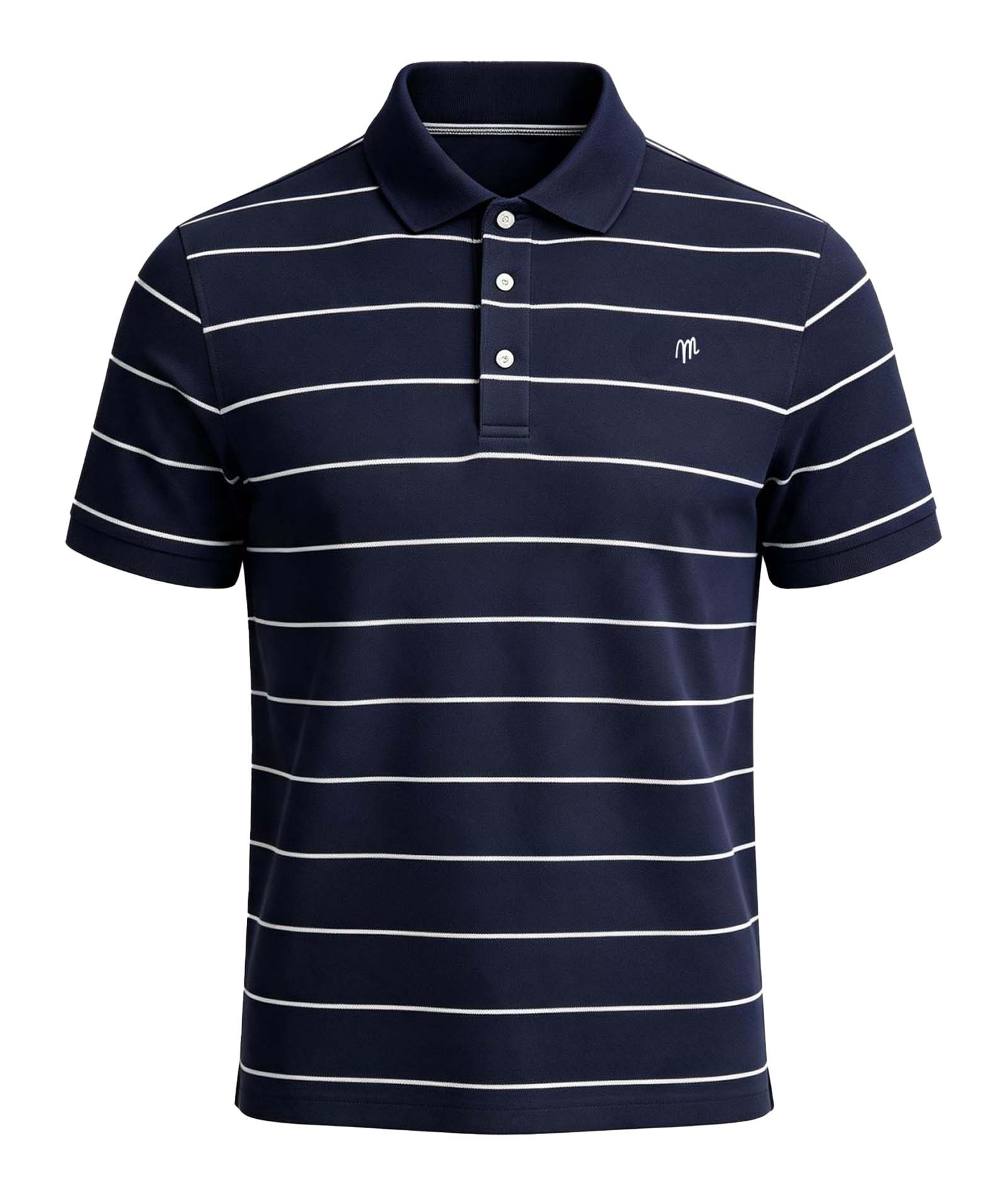 Close up view of striped golf polo collar, buttons and fabric details